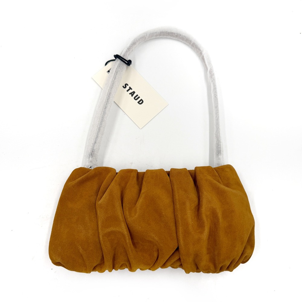 STAUD Bean Convertible Bag Tobacco Brown Suede Ruched Shoulder Handbag NWT - Picture 3 of 10